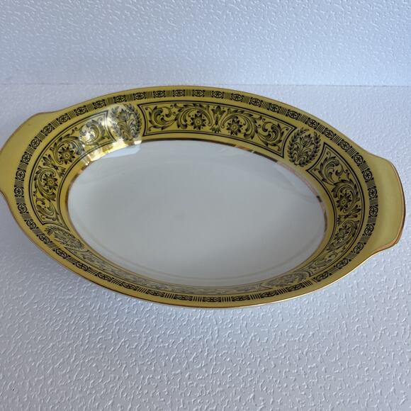 VINTAGE GOLDEN DAMASK BONE CHINA SERVING BOWL 10.5” By 7.5” - Picture 15 of 16